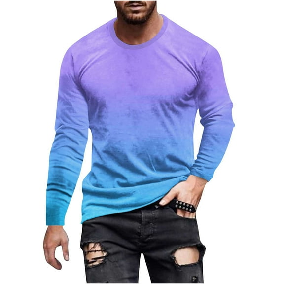 GuangCheng Mens Tees Gradient Round Neck Long Sleeve Pullover Soft Blouses Lightweight T shirts