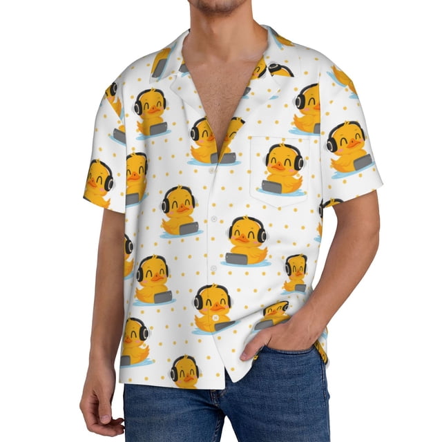 Fotbe Cute Duck With Headphone Camisa Estampada de Manga Corta para Hombre, Casual de Verano, Estilo Playero, Sin Arrugas-X-Large