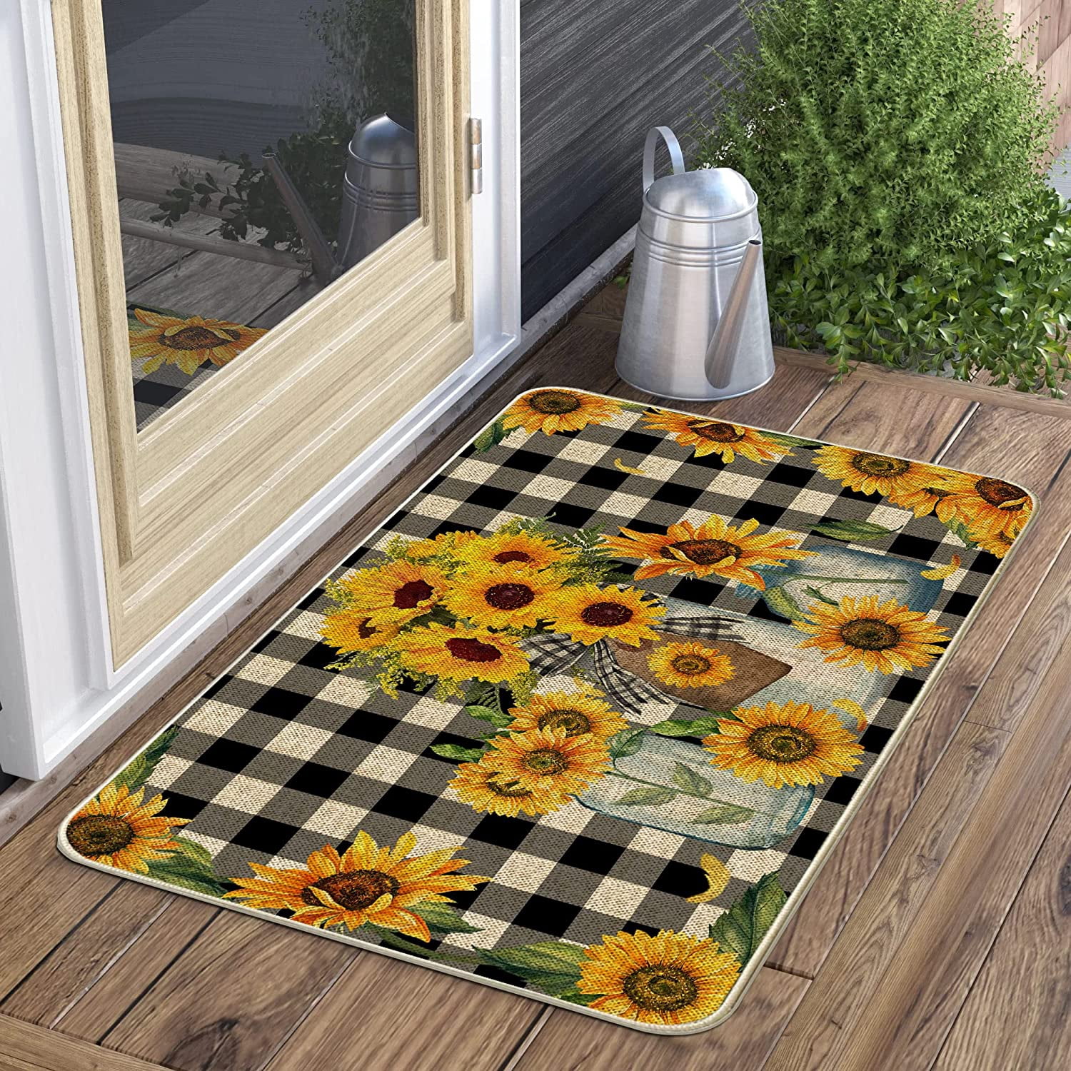 Hexagram Sunflower Door Mats 17x30 Inch, Sunflower Welcome Mats Outdoor, Farmhouse Buffalo Plaid Doormats for Front Door Decorations, Decorative Spring Summer Decor for Home