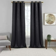 Virginia Pair (Set Of 2) Blackout Weave Energy-Saving Thermal Curtain Panels Grommet Embossed Fabric Leafy Designs - 74"W X 63" L - Black