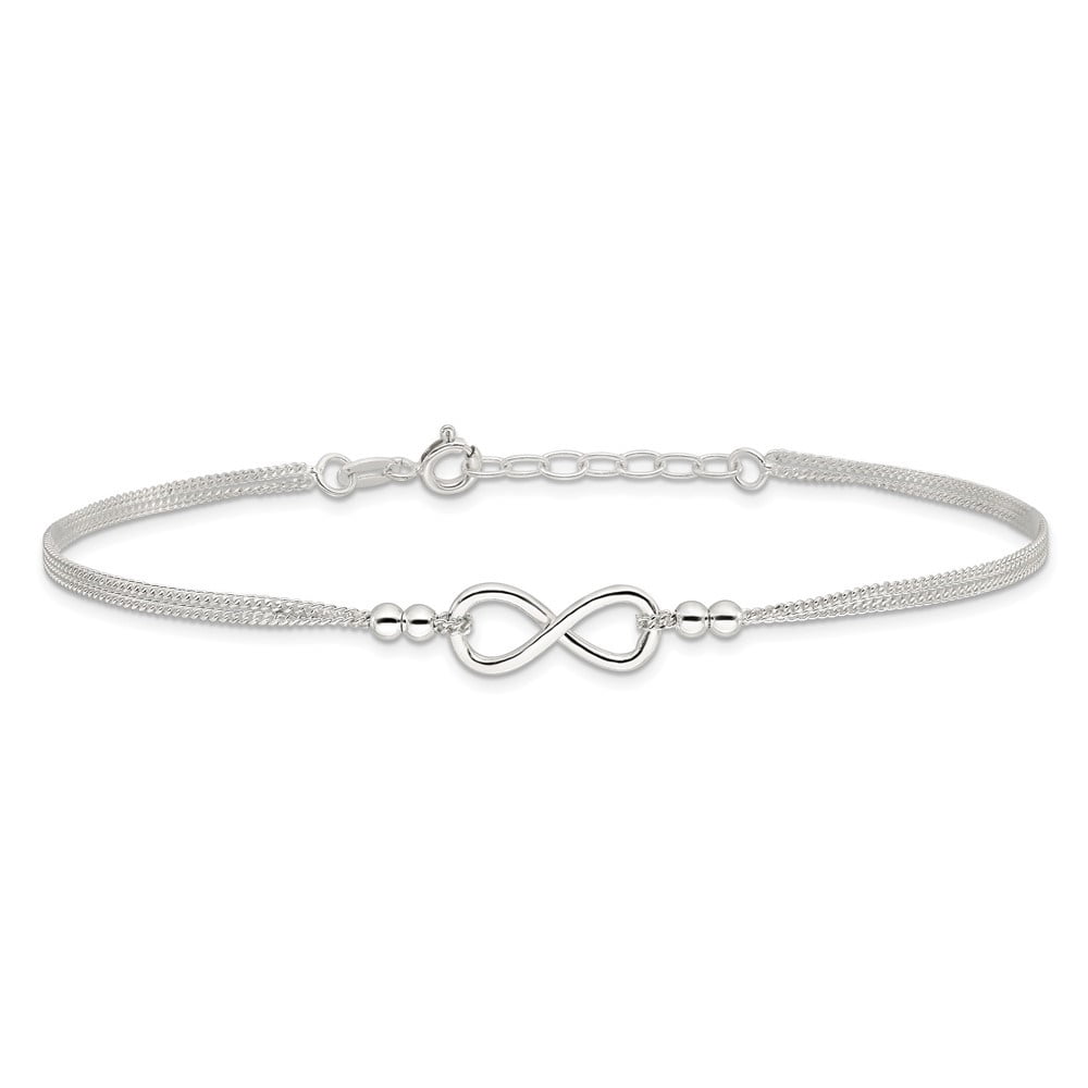 Auriga Fine Jewelry 925 Sterling Silver 2-Strand Beaded Infinity Symbol 9inch Plus 1in ext. Anklet for Women