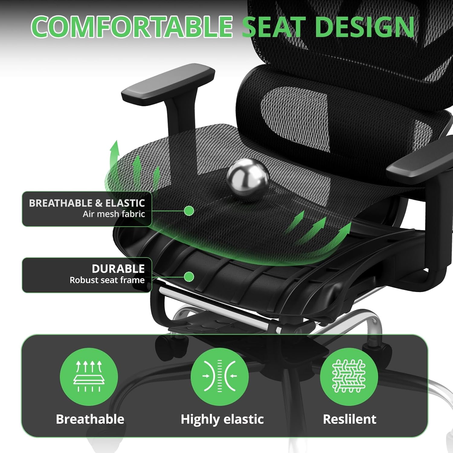 SELOOYE Ergonomic Office Chair with Footrest, Mesh Desk Chair with 135° Recline, Adjustable Lumbar Support, 3D Armrests and Headrest, Swivel Computer Chair for Home Office