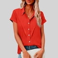 thumbnail image 2 of QIUOMBBP Plus Size Linen Tops for Women Short Sleeve Solid Button Down Shirts Loose Lightweight Breathable Summer Casual Tees Red L, 2 of 8