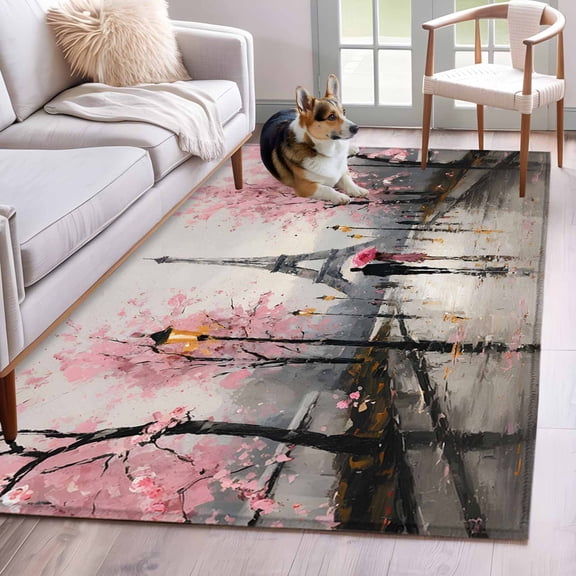 3'x5' Rug for Living Room Bedroom, Valentine's Day Washable Area Rugs Non-Slip Carpet Mats, Couples Flowers Rainy Tower Romantic Pink Indoor Low Pile Area Rug Runner for Kitchen, Mudroom
