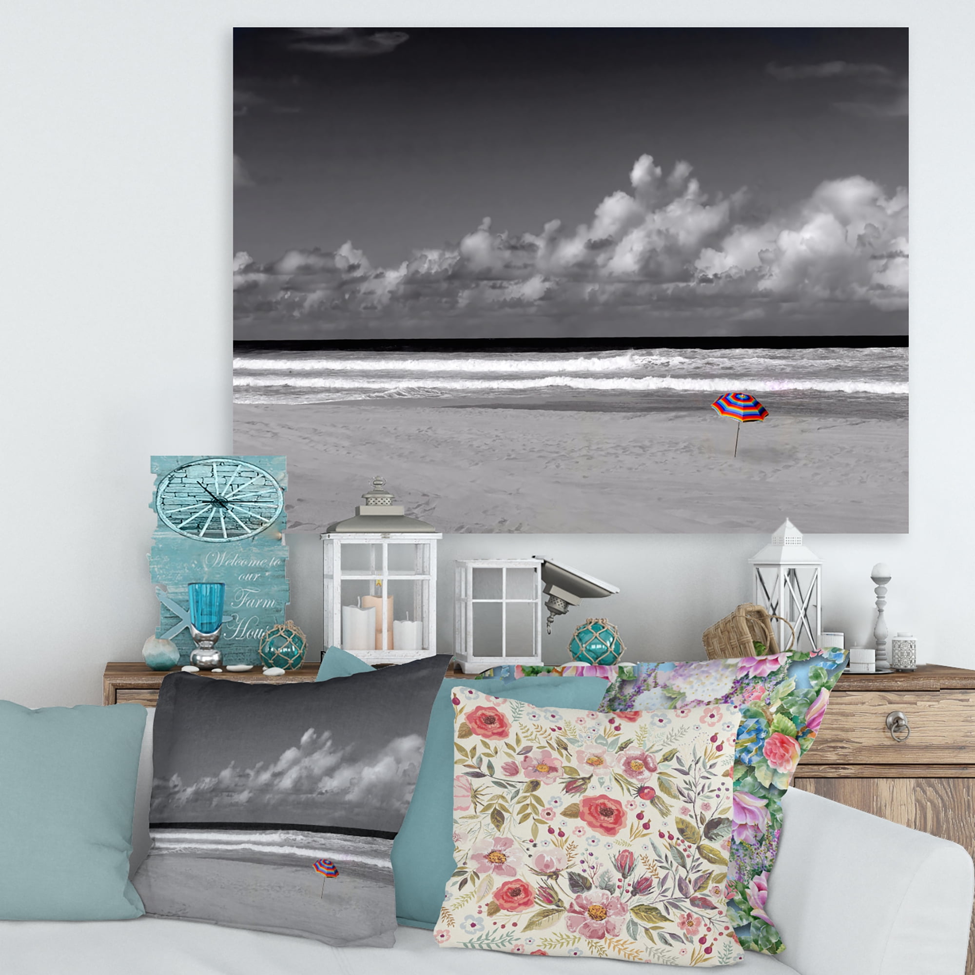 Designart ' Black and White Coastline Under Cloudy Sky ' Lake House Canvas Wall Art Print