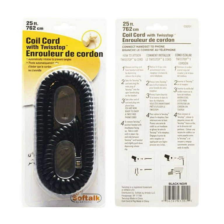 Twisstop Detangler with Coiled, 25-Foot Phone Cord, Black Twisstop Detangler with Coiled, 25-Foot Phone Cord, Black