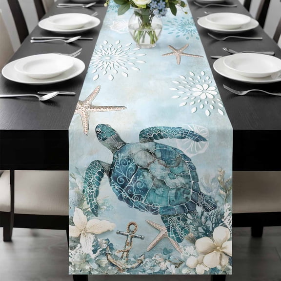 Teal Turtle Coastal Table Runner 70 Inches Long, Summer Beach Nautical Starfish Kitchen Coffee Dining Table Decoration for Home Party Birthday Wedding Home Decor 13x70 Inches