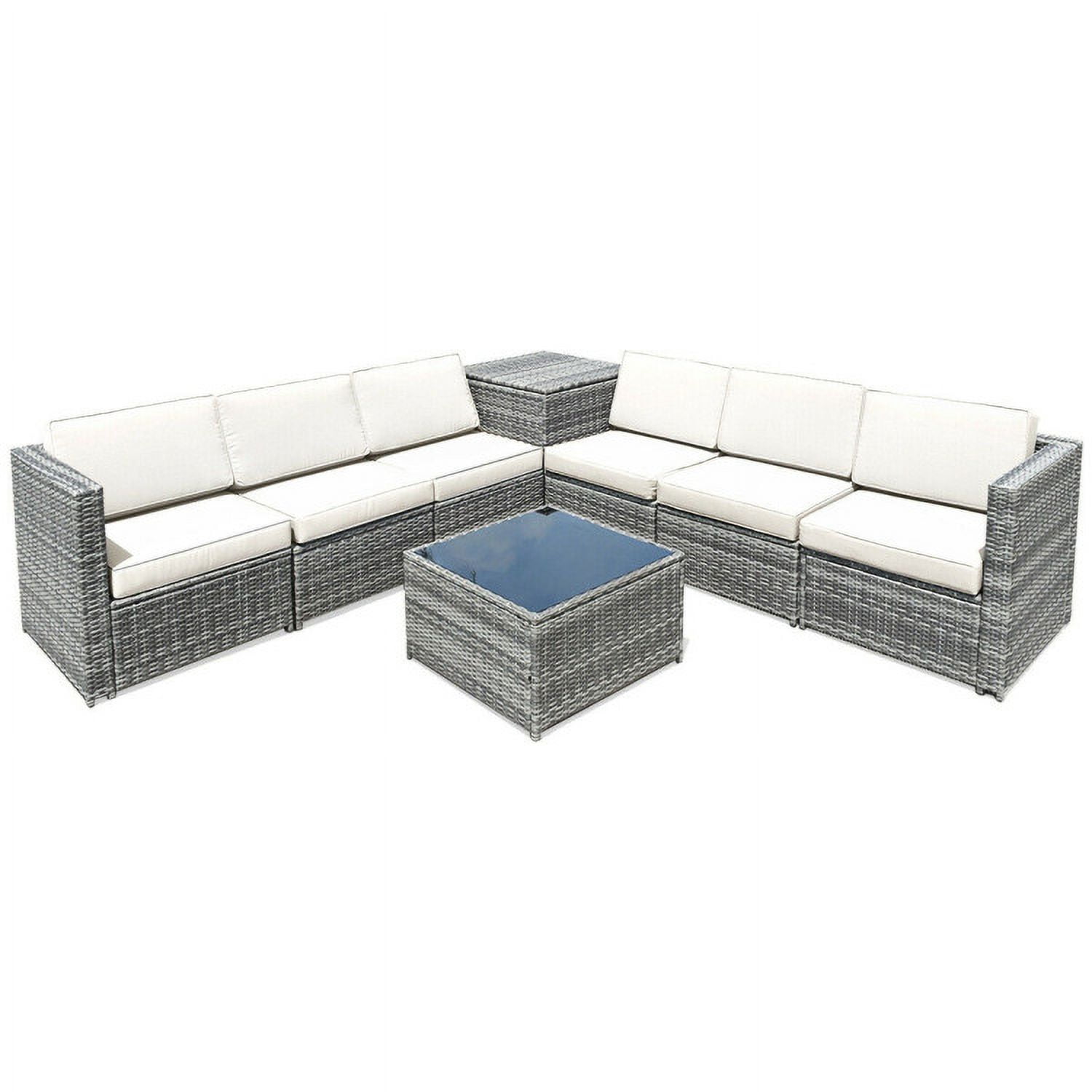 Aimee Lii 8 Piece Wicker Sofa Rattan Dinning Set Patio Furniture with Storage Table, Outdoor Deck Furniture, White