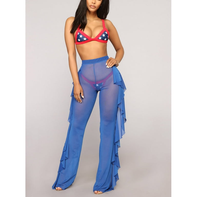 Women Sexy See Through Sheer Mesh Ruffle Pants Perspective Swimsuit Bikini  Bottom Cover up Party Clubwear Pants 