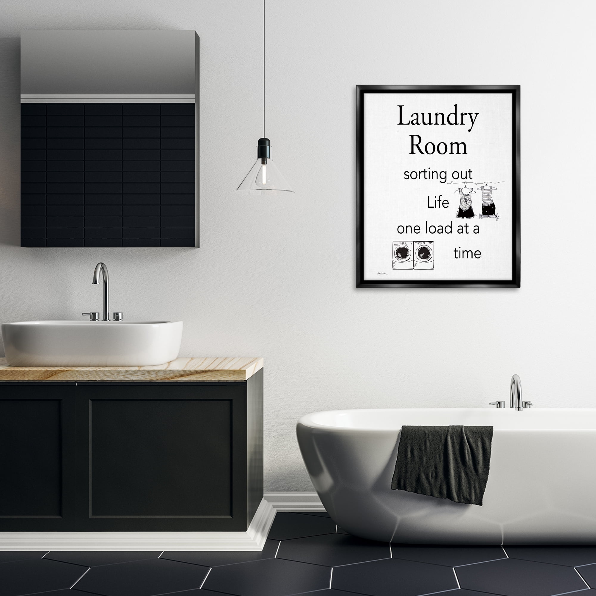 Stupell Industries Funny Minimal Laundry Phrase Bath & Laundry Painting Black Floater Framed Canvas Art Print Wall Art, 25 x 31