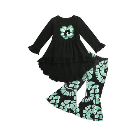 

Bebiullo St. Patrick s Day Kids Girls Spring Autumn Suit Long Sleeve Clover Printed Ruffled Tops Floral Printed Long Pants Black 4-5 Years