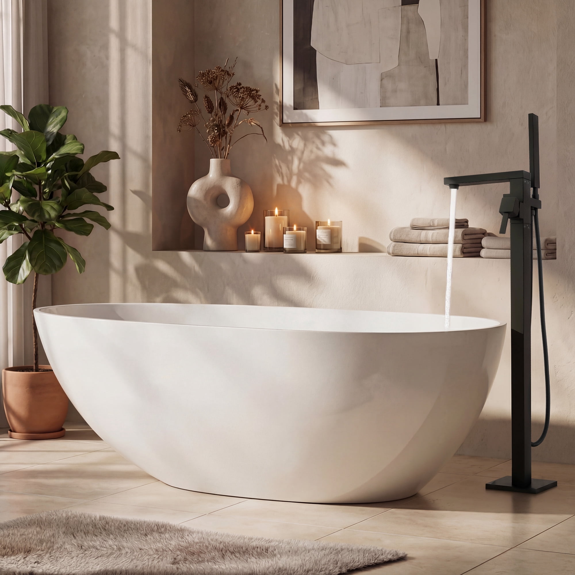 Free Standing Tub Faucet, 360°Swivel High Flow Freestanding Bathtub Faucet with Handheld Shower, Brass Body Tub Filler for Modern Bathroom, Matte Black