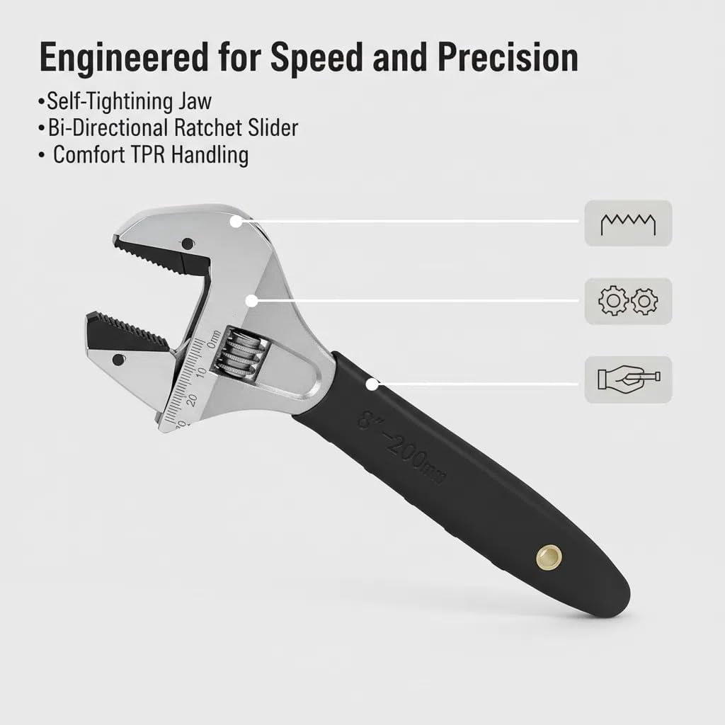 Self-Tightening Adjustable Wrench 8Inch, High-Torque, Non-Slip Handle, Ergonomic Design, Durable Chrome-Plated Jaw, Quick-Adjust Mechanism, 0-25mm Adjustable Opening, for Plumbing, DIY, Home Repairs