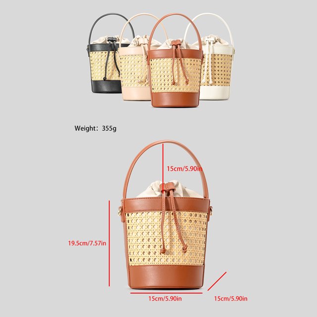 LHSHIDU Women Rattan Straw Tote Bucket Bag PU Leather Drawstring Crossbody Bag Summer Beach Holiday Purse