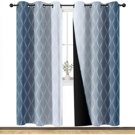 Blue Grey White Ombre Blackout Curtains for Living Room, Geometric Vintage Gradient Solid Thermal Insulated Grommet Drapes, Room Darkening Window Curtain Panels 42"W x 63"L (Pack of 2)
