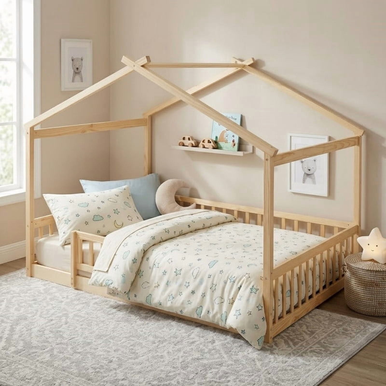 Full Size Wood House Bed with Fence and Roof Frame, Kids Floor Montessori Bed with Safety Guardrails, Sturdy Pinewood Playhouse Bed for Boys Girls
