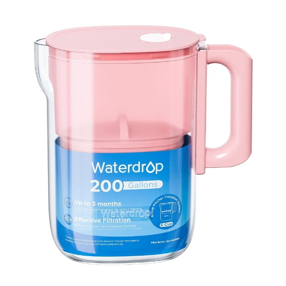 Waterdrop PT-12P-H Small 6-Cup Water Filter Pitcher for Mini Fridge, Pink, NSF-Certified Filter, 200-Gallon Long-Life, Reduces PFOA/PFOS and Chlorine, BPA-Free, Ready-to-Use Handle