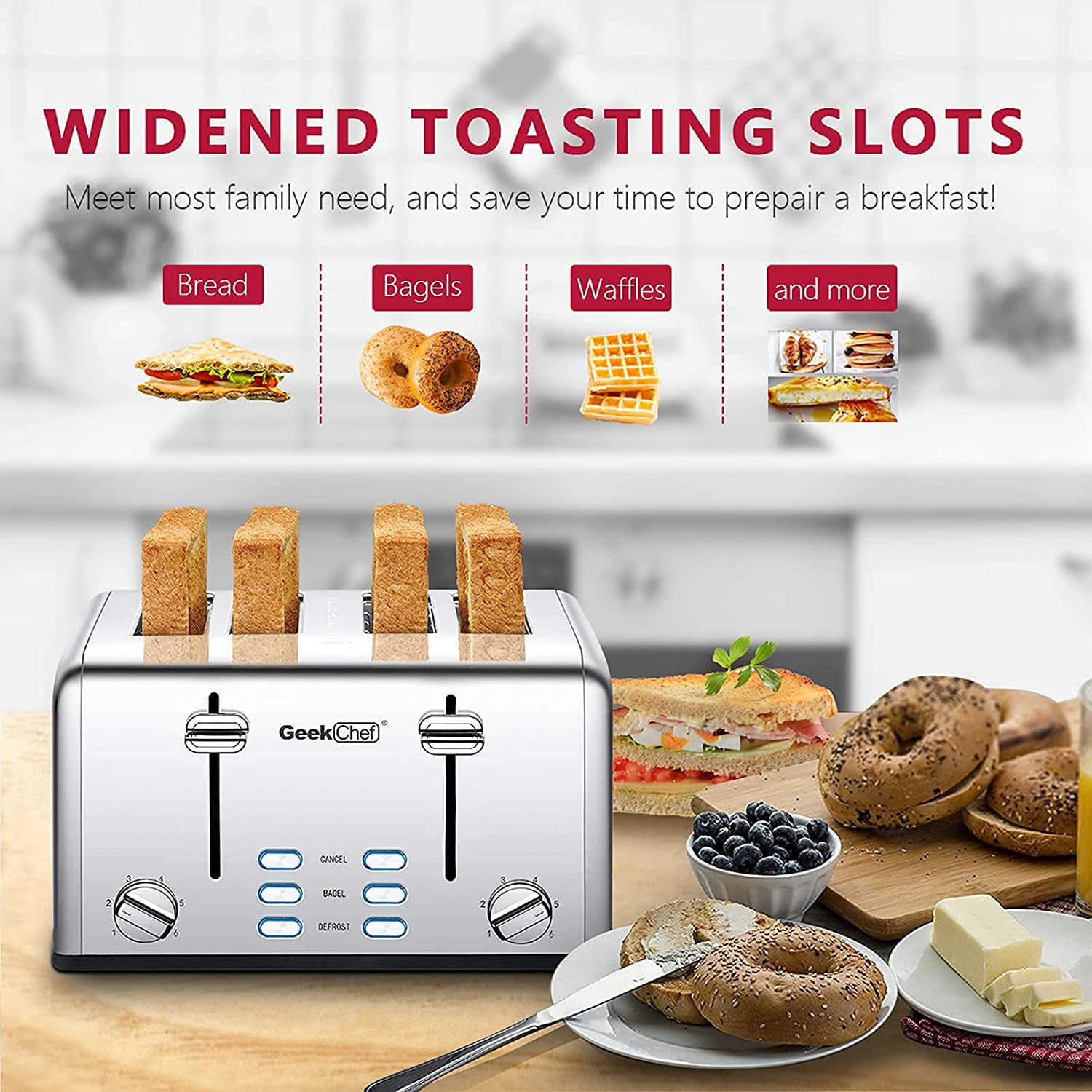 GE Stainless Steel Toaster | 4 Slice | Extra Wide Slots for Toasting  Bagels, Breads, Waffles & More | 7 Shade Options for the Entire Household  to