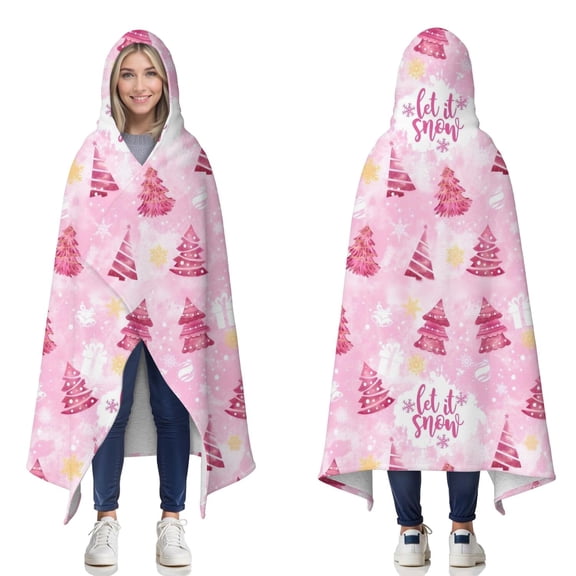 Wearable Blanket,Pink Christmas Tree Pattern Hooded Wearable Sherpa Blanket for Adults & Teens,Winter Poncho Shawl Wrap Cape Thick Warm,50"x60"