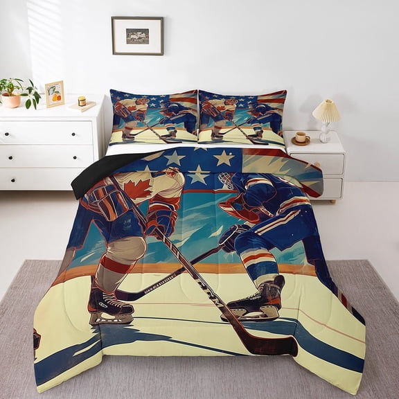 Ice Hockey Player Down Comforter Twin,Canadian Flag Comforter Set for Kids Teens Adults,Winter Sports Duvet Insert,Red Blue Ball Game Bedding for Hockey Lovers,Luxury Soft