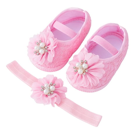 Michellecmm Baby Girls Flats and Headband Soft Sole Non-slip Pearl Flower Princess Wedding Dress Walking Shoes for Newborn