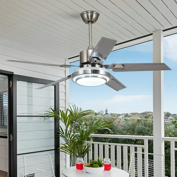 42" Stainless Steel Ceiling Fan with LED Light - Industrial 5 Blade Fan Chandelier, 5000 CFM Quiet Motor, 3 Color Temperatures & Remote Control, Adjustable Downrod,for Kitchen/Living Room