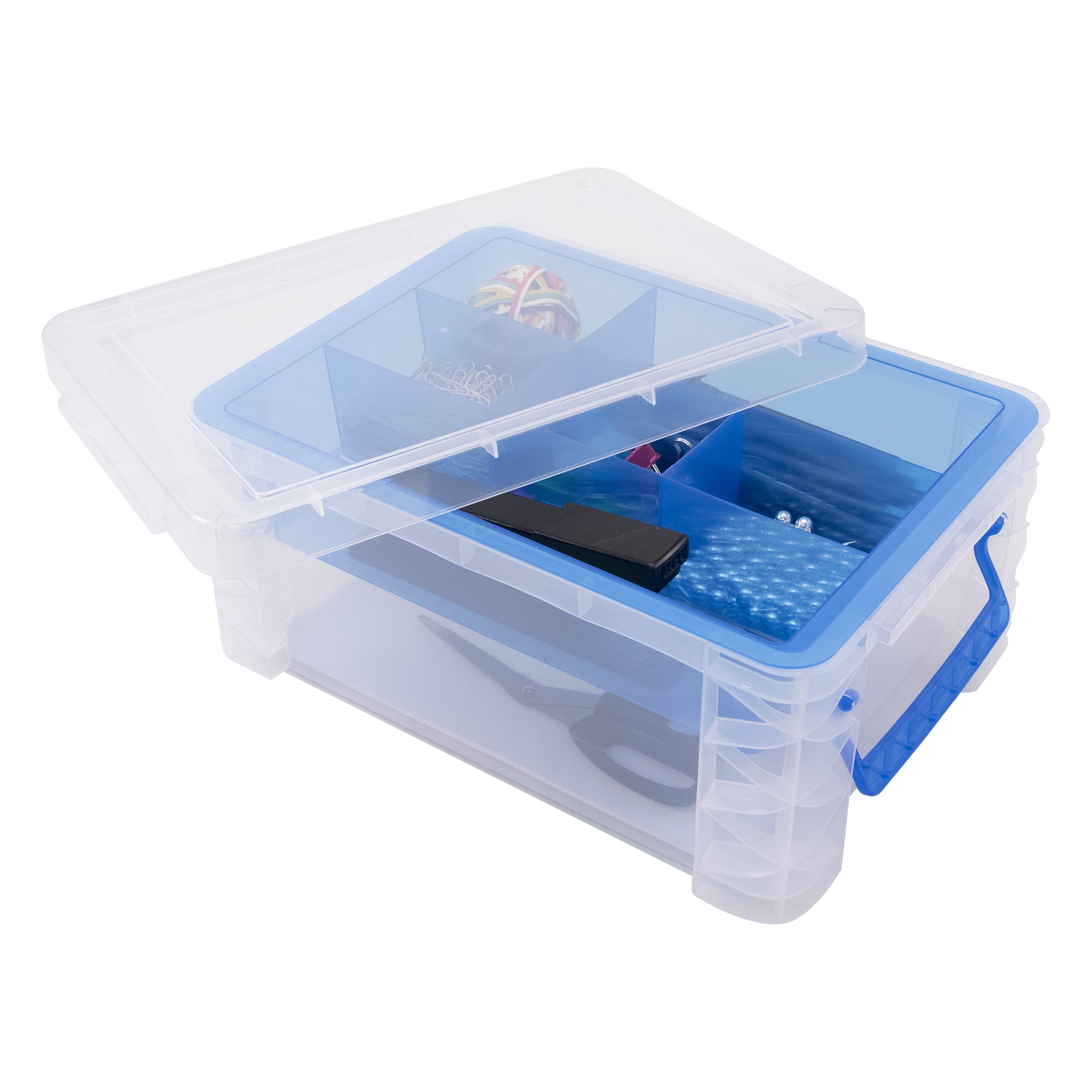 Super Stacker Divided Storage Box, 6 Sections, 10.38 X 14.25 X 6.5,  Clear/blue 