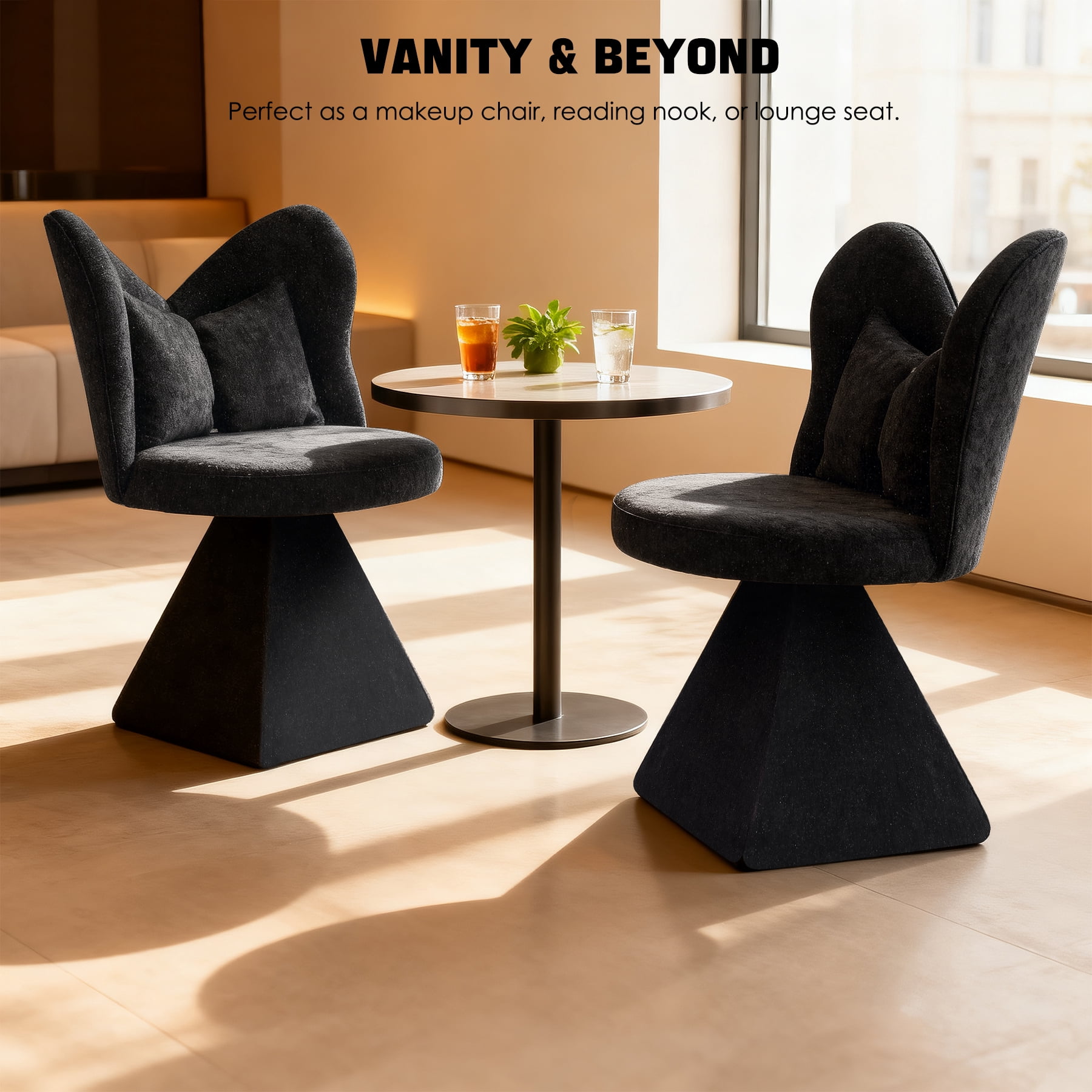 Black Swivel Vanity Chair | 360° Rotating Makeup Chair with Butterfly Back, Chenille Velvet Accent Chair with Decorative Pillow – for Bedroom, Dressing Table, Living Room, Dining, Home Office & Study