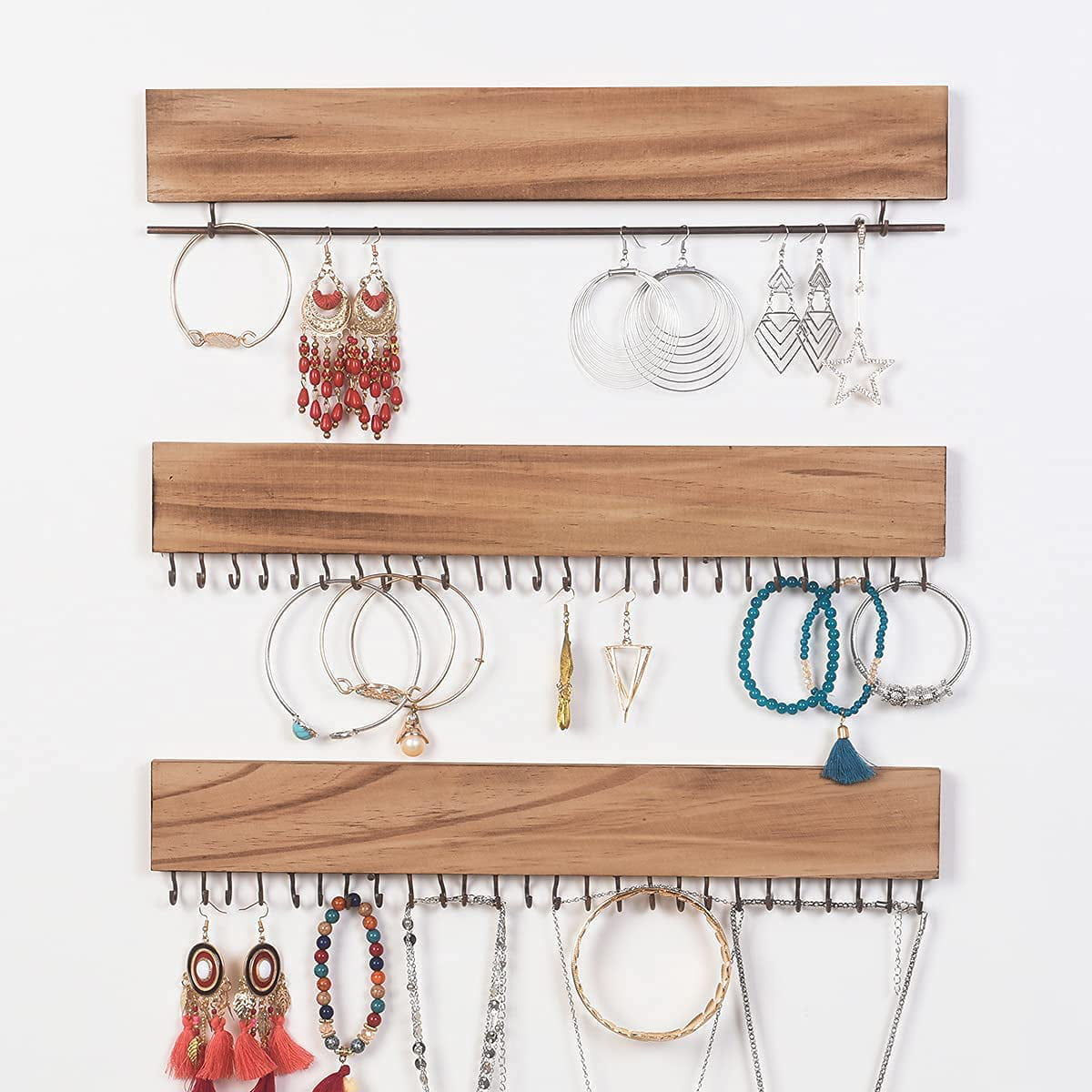 Jewelry holder rack wall mounted necklace hanging rustic wood organizer set of 3 