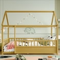 thumbnail image 2 of Floor Wooden Bed with House Roof Frame, Twin Size Fence Guardrail Bed for Kids, Natural Pine Wood Children's Bedroom Furniture, 20-Inch High Fence with Roof Structure, 2 of 11