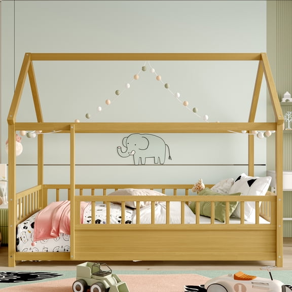 Twin Size Floor Wooden Bed with House Roof Frame, Fence Guardrails, Natural
