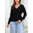 thumbnail image 3 of Braided V Neck Pullover Sweater Long Sleeve Ribbed Waistline for Women Black Medium, 3 of 5
