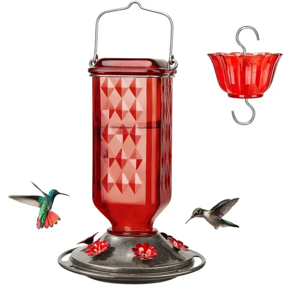 Clearance!! 24oz Glass Hummingbird Feeder with Ant Moat, Leak-Proof Wild Bird Feeder with 6 Flower Feeding Ports & Wide Mouth, Easy Fill & Clean Outdoor Garden Decor, Multiple Colors
