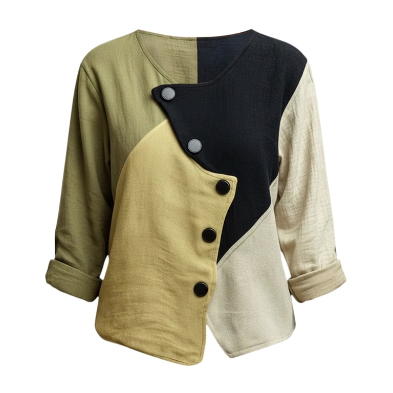 kaondbfi Women Linen Blend Shirt Asymmetrical Button V Neck Long Sleeve ...