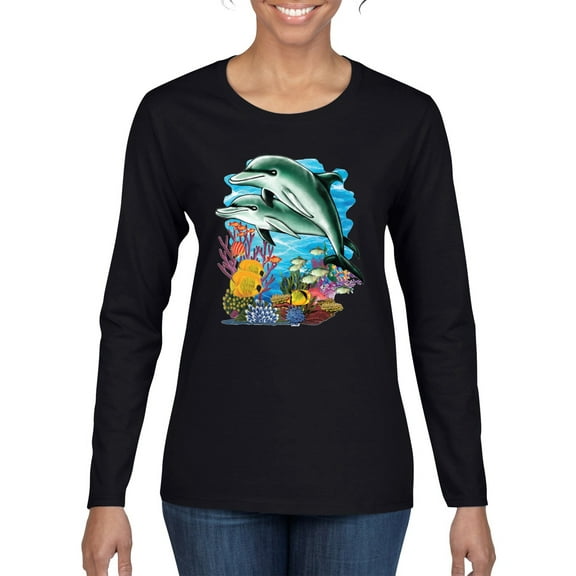 Pair of Dolphins Swimming in Ocean Animal Lover Womens Graphic Long Sleeve T-Shirt, Black, Small