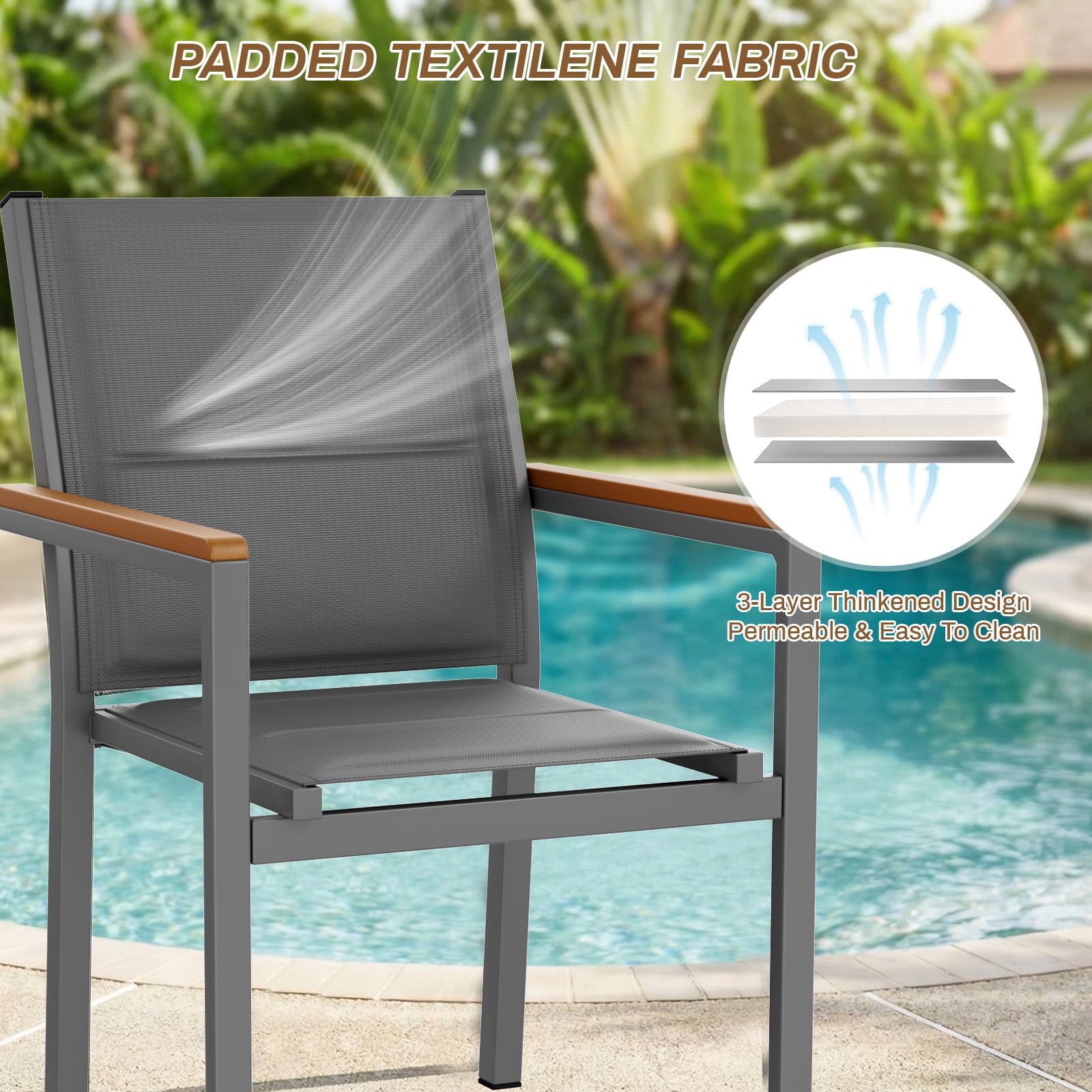 LIFERUN Patio Chairs Set of 4, Stackable Aluminum Outdoor Chair with Quilted Textilene & WPC Handrail, 17" Seat Height, All Weather Chair for Patio, Balcony, Poolside & Restaurants, Gray