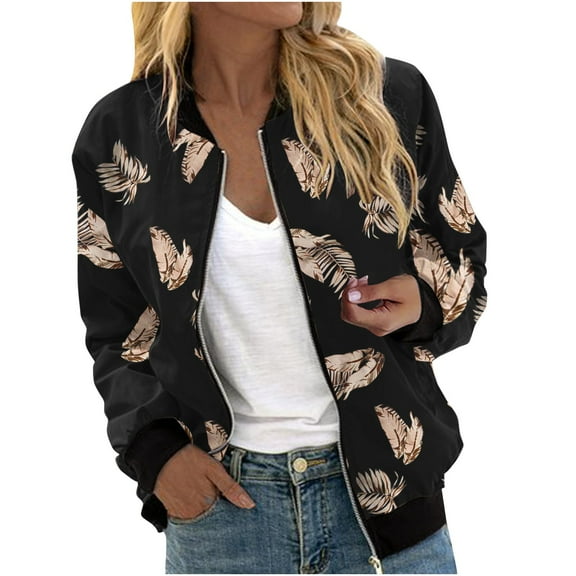 Herrnalise Women's Bomber Jacket Casual Coat Zip Up Outerwear Windbreaker Floral Prints Overcoat With Pockets Gold,XL