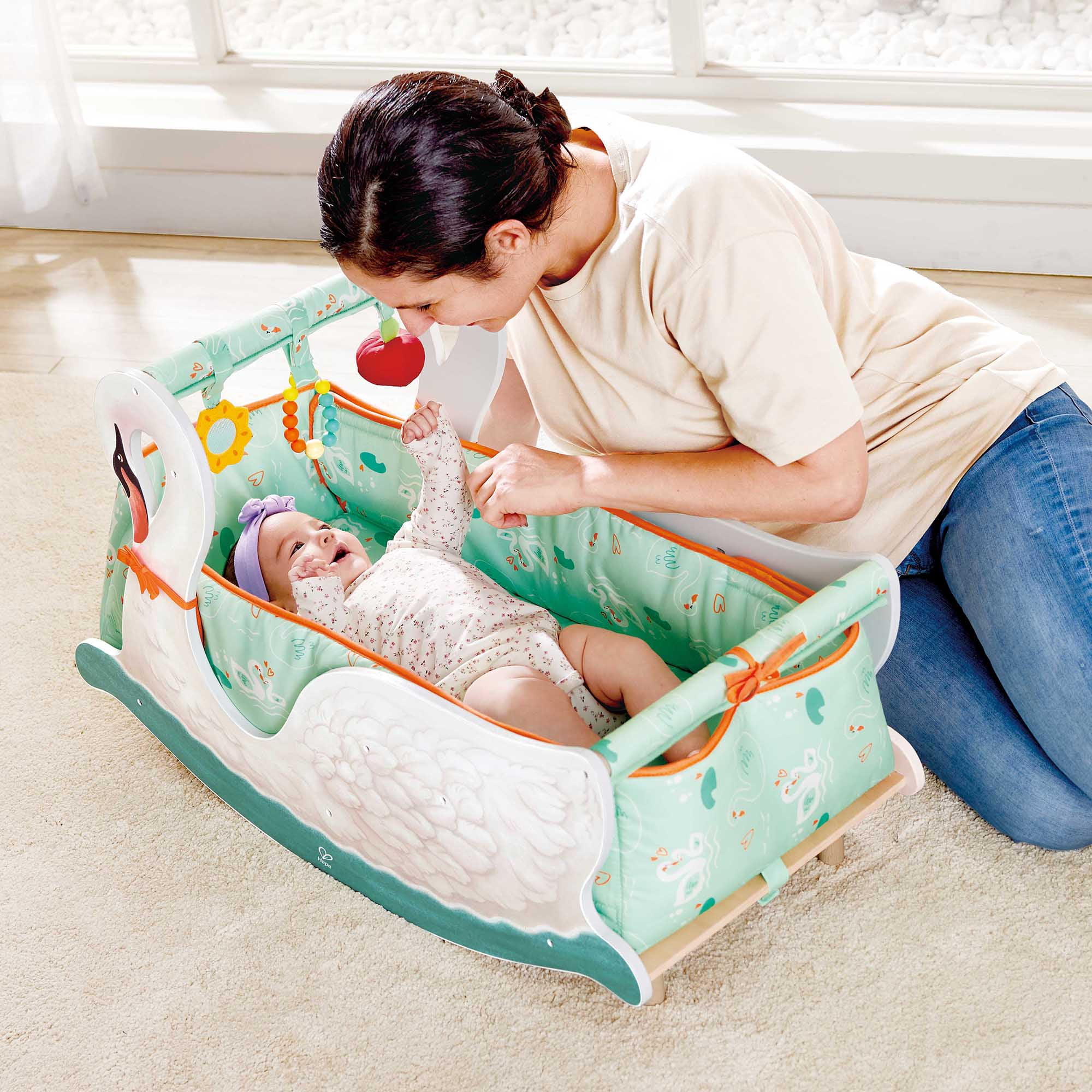 Hape: 2-in-1 Swan Seat - Baby Rocking Bassinet Cradle Converts To Toddler Rocker Chair Seat, Baby Gym, Adaptable Cushions, Babies & Toddlers Ages 6mo+