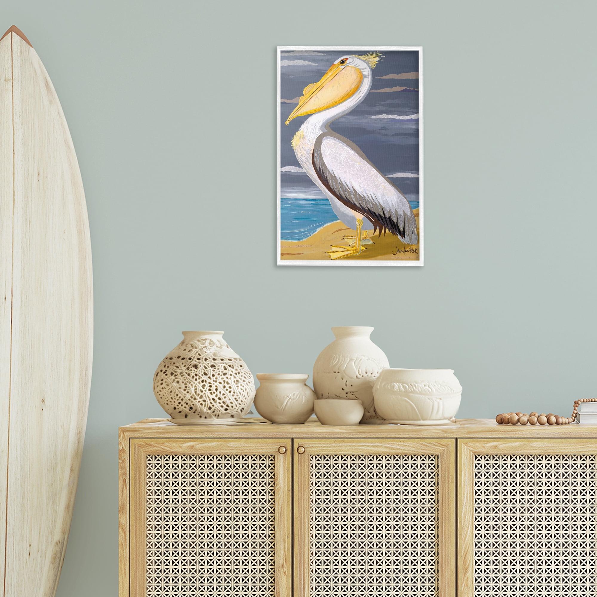 Stupell Industries White Pelican on Shore Animals & Insects Painting White Framed Art Print Wall Art, 16 x 24