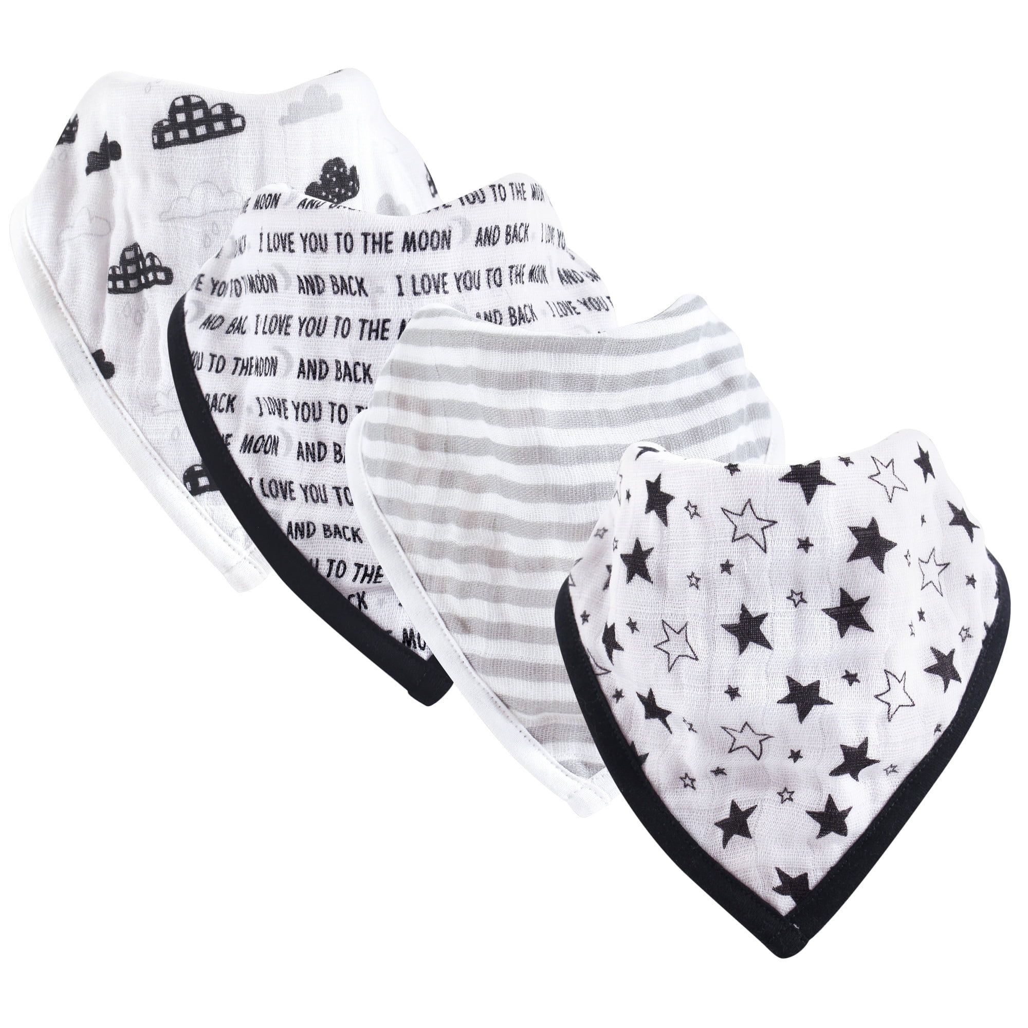 Hudson Baby Boy and Girl Muslin Bandana Bibs, 4 Pack, Moon and Back