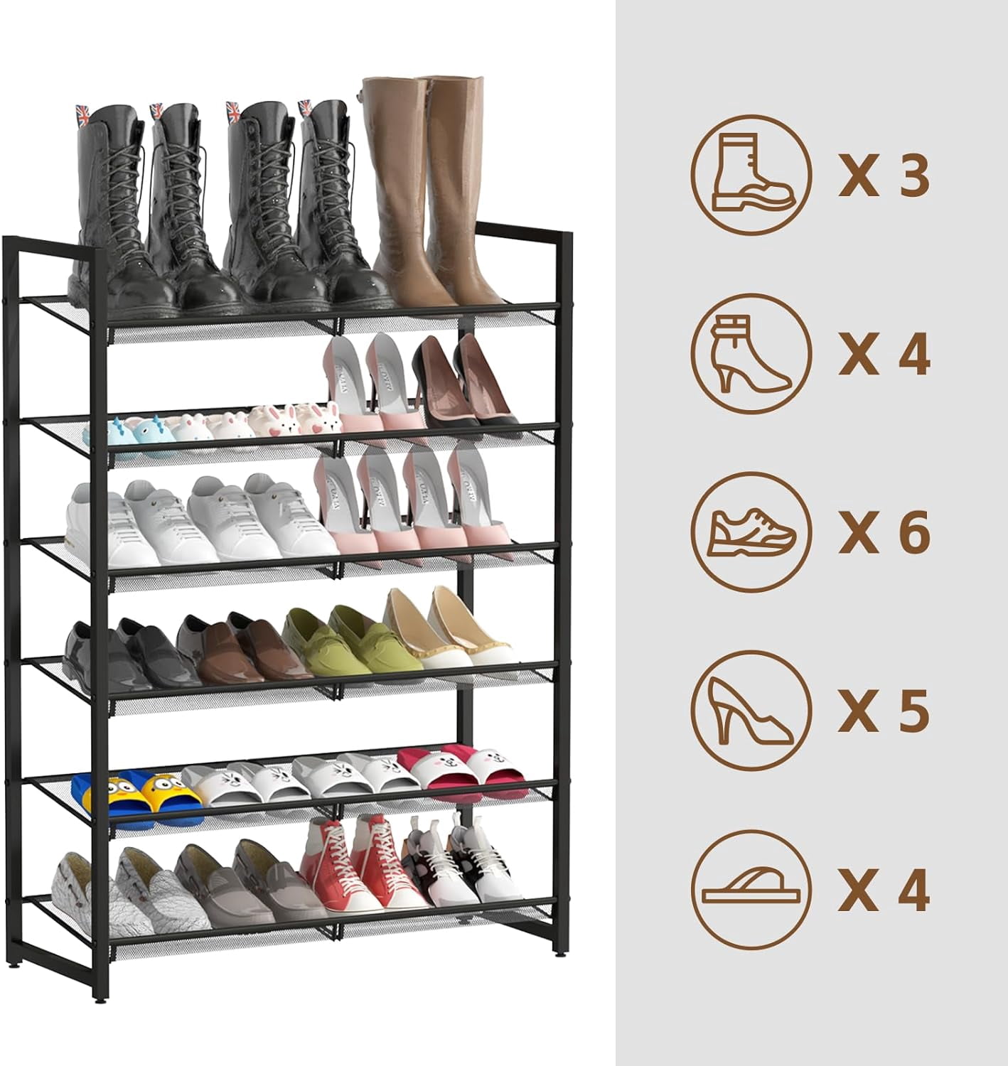 6-Tier Metal Large Shoe Rack,Tall Shoe Rack for Closet,entryway,Garage, with Adjustable Flat or Angled Shelves, Hold 20-26 Pairs Shoes