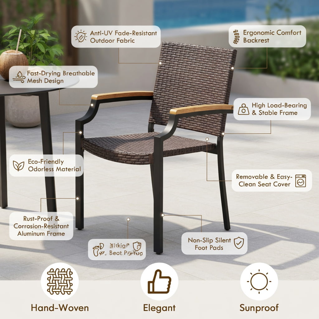 Hommoo 2-Piece Stackable Outdoor Dining Chairs, PE Rattan Wicker with Acacia Wood Armrests, Heavy-Duty Metal Frame, Weather-Resistant Patio Seating for Backyard, Porch & Garden, Brown