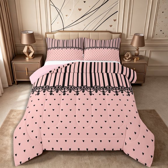 Castle Fairy Retro Lace Trim Stripe Full Size Comforter Sets 3-Piece,Minimalism Heart Grid Bedding Comforter Set,Pink Black,Reversible,1 Comforter and 2 Pillowcases