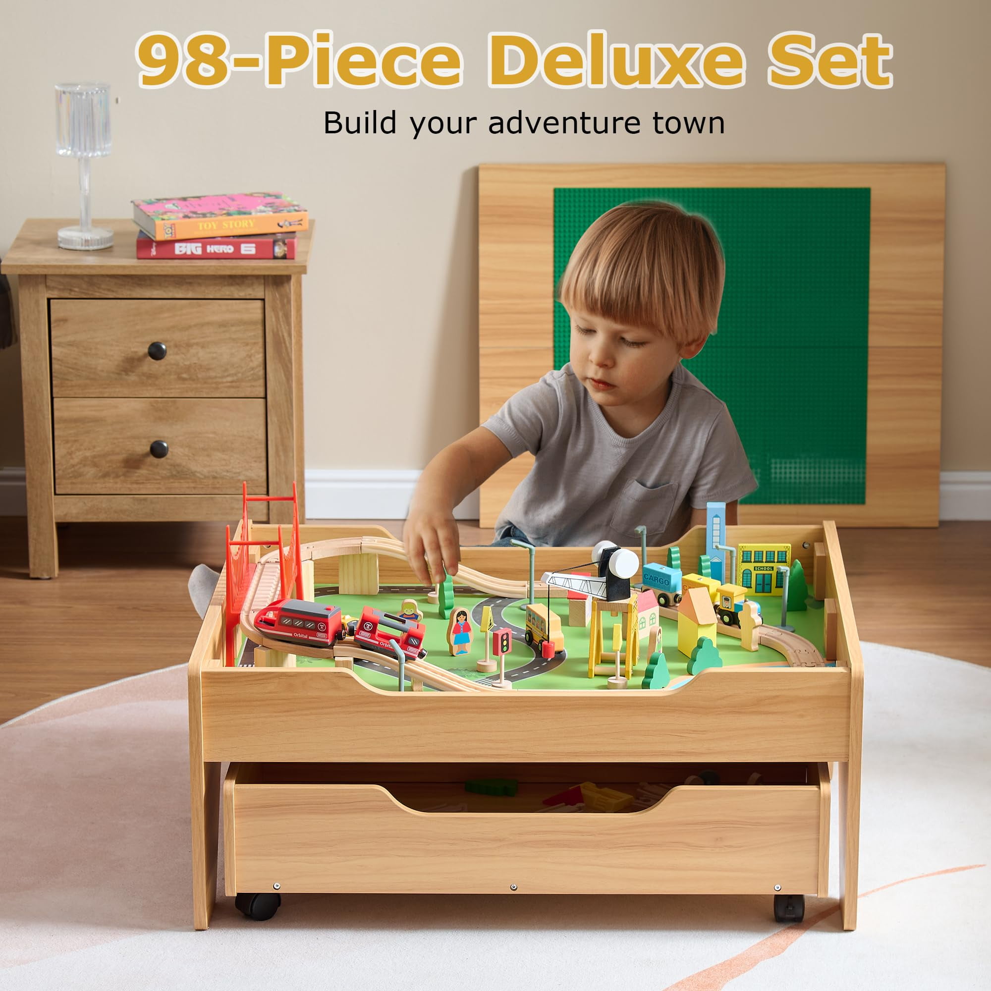 Train Table, 3-in-1 Wooden Kids Train Table with Storage Drawer, Rolling Kids Activity Table with Wheels, Toddler Train Track Table DIY Design for Gaming, Drawing, Building