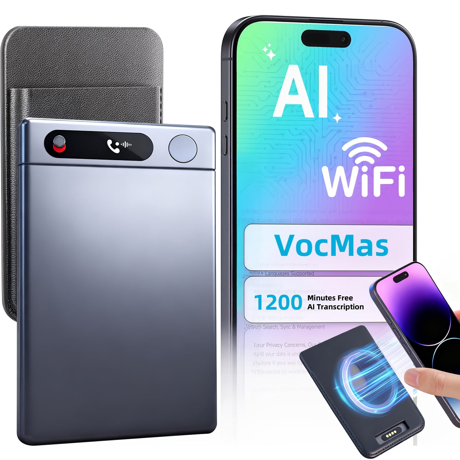 AI Voice Recorder with Call Recording, Translator & Notetaker, 103 Languages, WiFi Transfer, LED Display, Magnetic Case, Smart Compatible