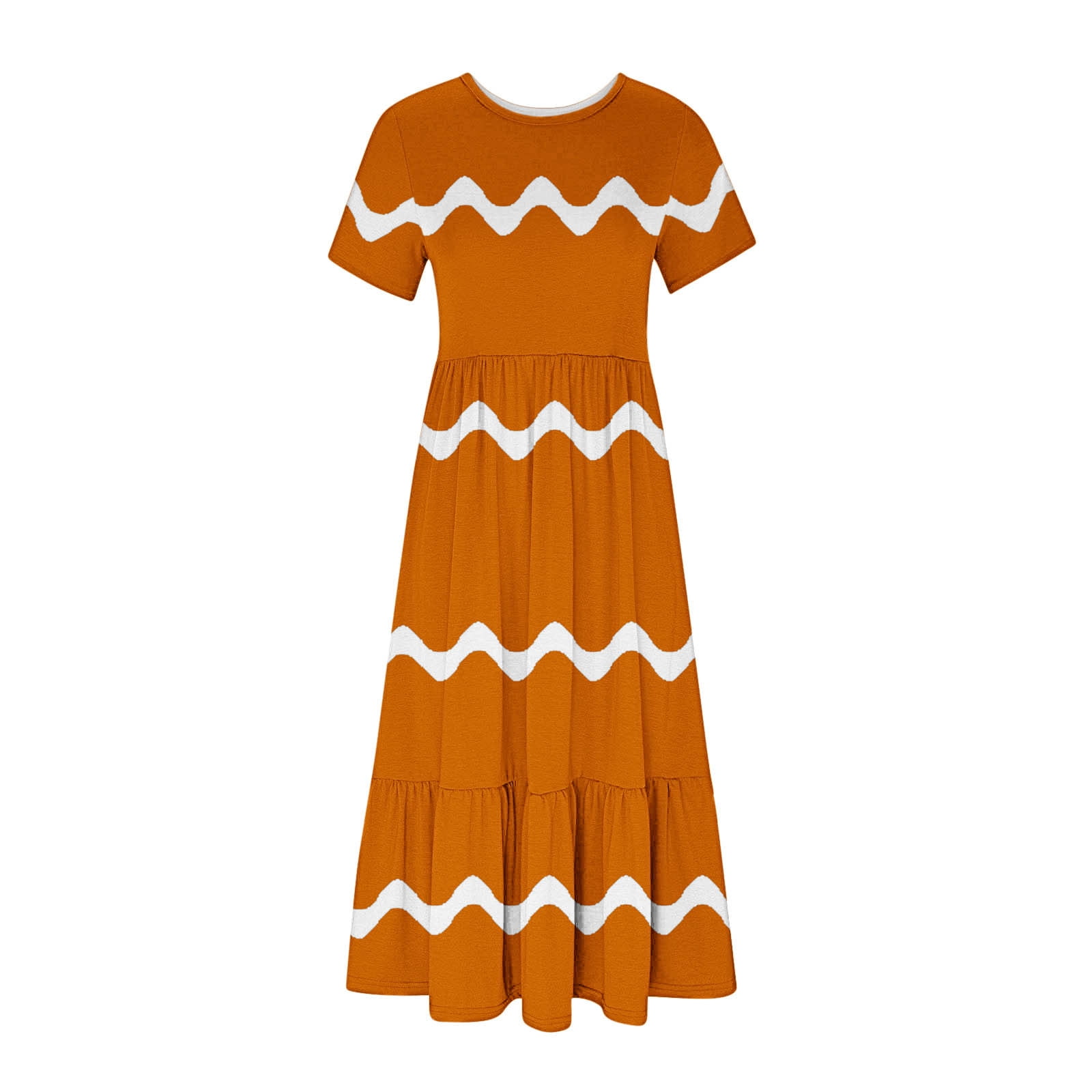 Womens Short Sleeve Mid Long Dress with Pockets Fashion Wave Striped Print Pleated Casual Tiered Maxi T-shirt Dress (Medium, Orange)
