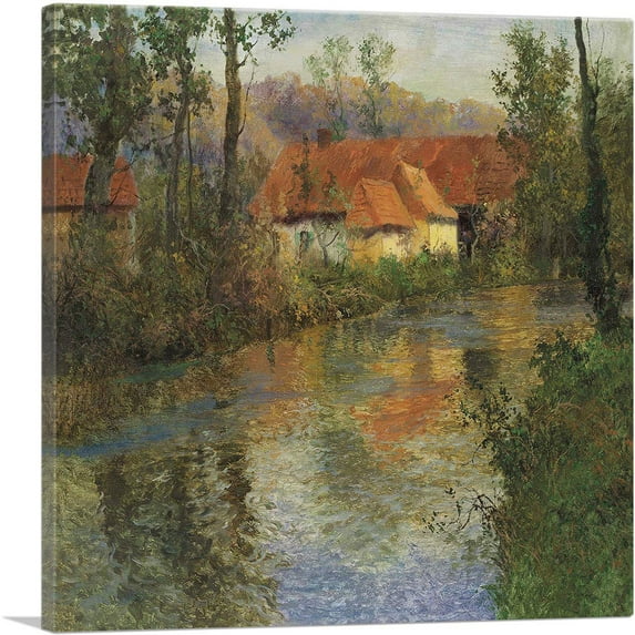 ARTCANVAS Farm With Red Roofs On Banks Of Arques Late Summer Canvas Art Print by Frits Thaulow - Size: 12" x 12" (1.50" Deep)