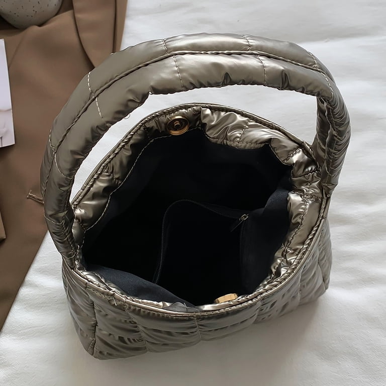 Women Champag Quilted Polyester Lightweight Zipper Luxury Tote Shoulder Handbag Champagne Gold Tote Purse | Elegant Faux Leather Handbag  main image 3