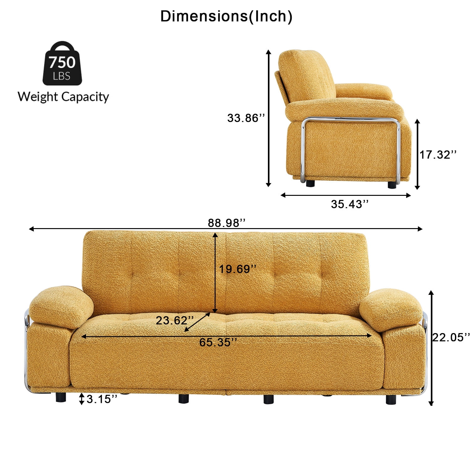 89"W Chenille 3-Seater Sofa with Pillow Top Arms and Chrome Accent Frame,Living Room Sofa Couch,Yellow