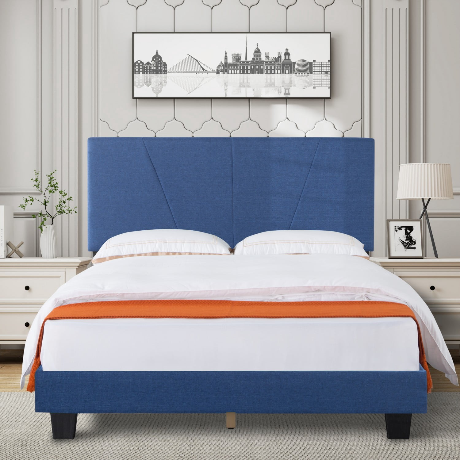 Gewnee Queen Size Platform Bed with Headboard,Fabric Upholstered Bed Frame,Strong Wood Slats Support,Easy Assembly,No Box Spring Needed (Navy Blue)